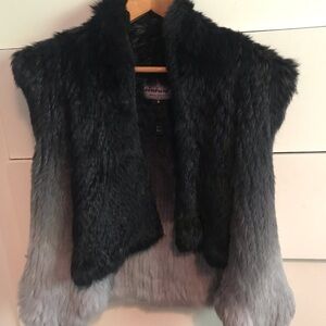 Fur knit waterfall collar vest. Stunning ombré black and grey.